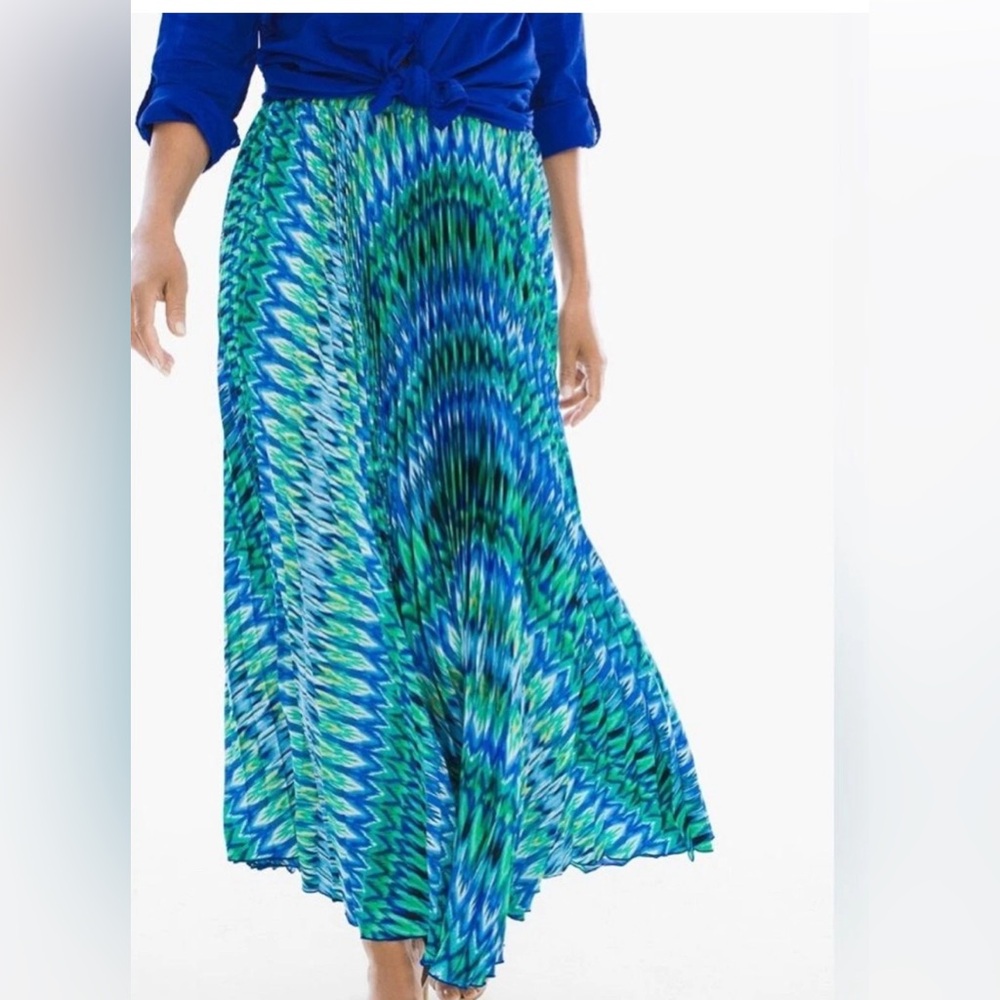 CHICOS Maxi Full Skirt Knife Pleat Ikat Blue Green Yellow Pull On SZ 1 M 8/10